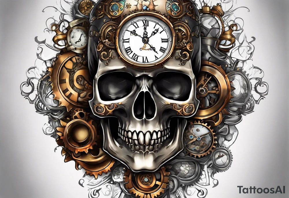 Steampunk skull, with clock and hour glass tattoo idea