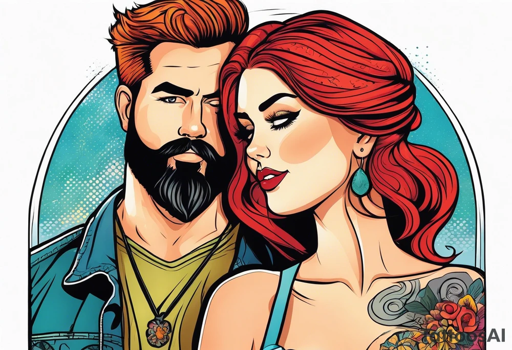 Busty Red haired woman with black haired bearded man tattoo idea