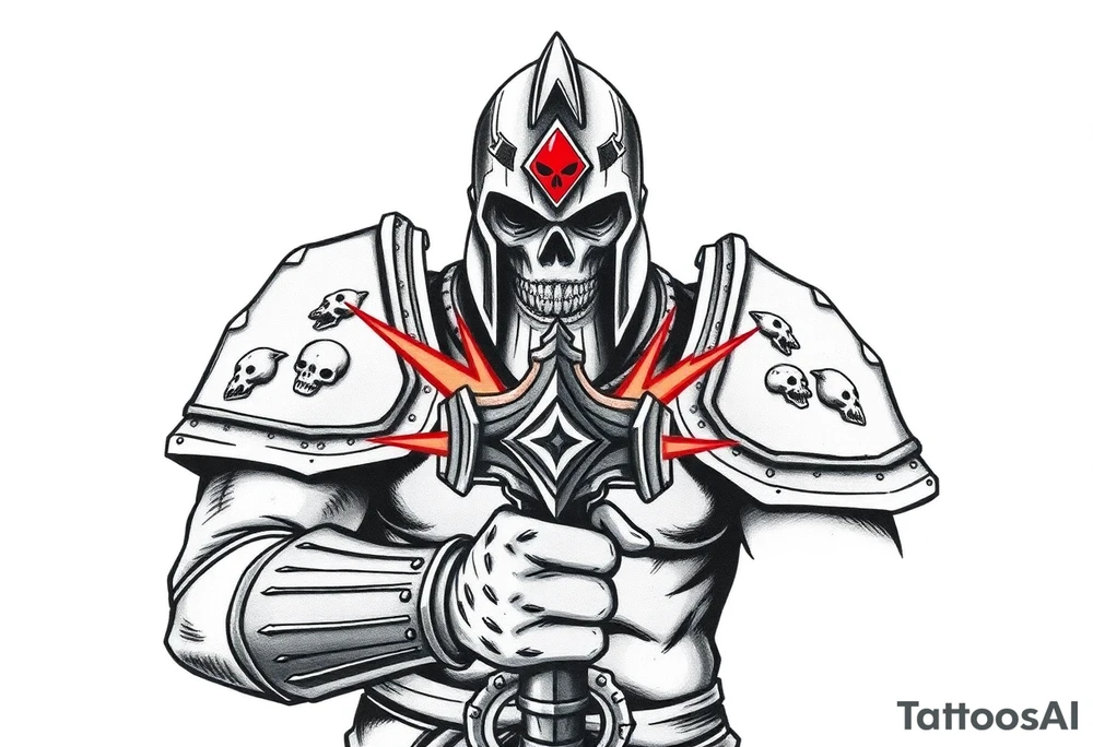 Warhammer, the Old World. A warrior priest of Sigmar holding The Warhammer of Sigmar. The Warhammer of Sigmar is radiating thunderous energy. The Warhammer is held by the warrior priest with both hands upon his chest level. The Warrior priest is wearing dark alloyed heavy armour with skull sigils on his shoulder pads. The warrior priest is wearing a fully head covered helmet, while the helmets front visor has an humanoid face covering. The helmet and armour are galdened with hints of gold and crimson red. tattoo idea