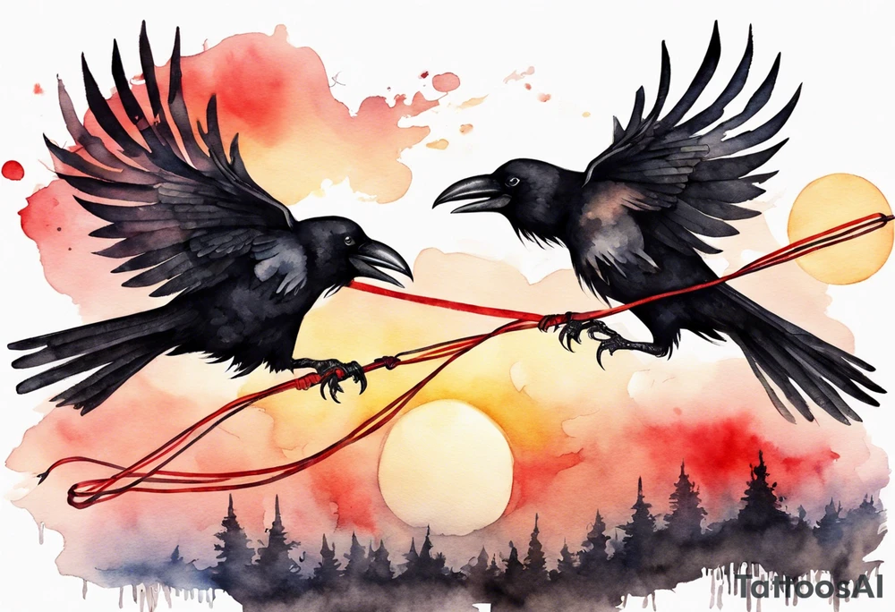 Two black crows flying into the sunset as they carry one long red string between them. tattoo idea