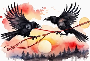 Two black crows flying into the sunset as they carry one long red string between them. tattoo idea