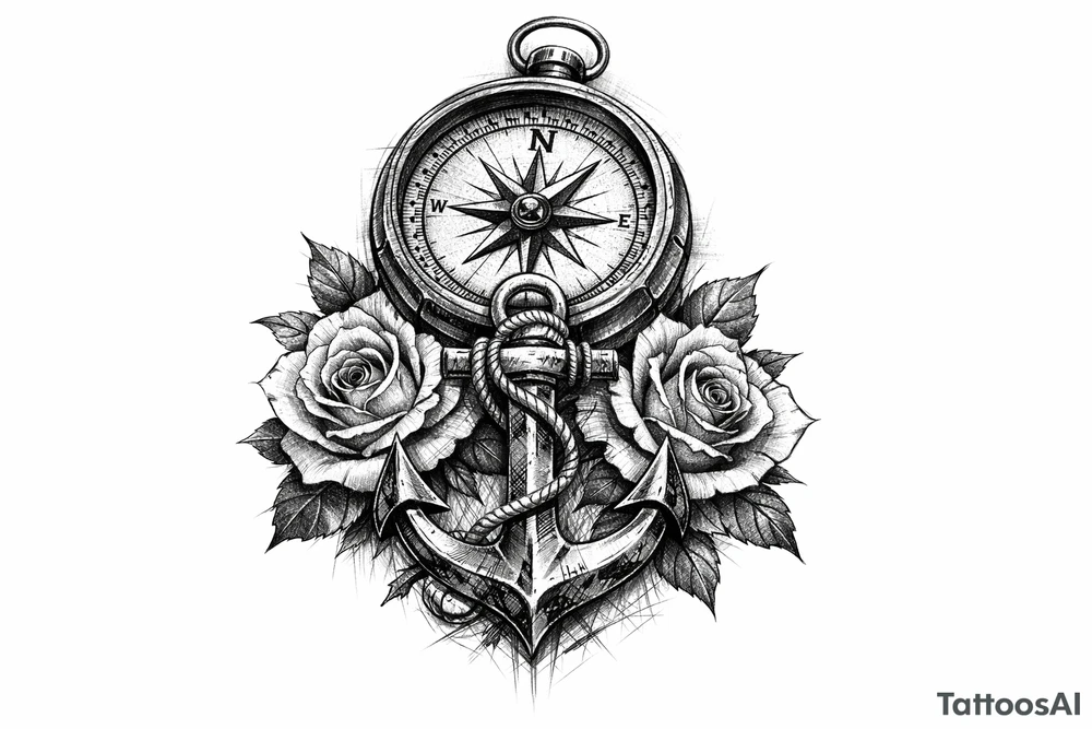 a compass under it an anchor, roses. tattoo idea