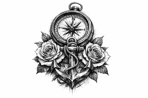 a compass under it an anchor, roses. tattoo idea
