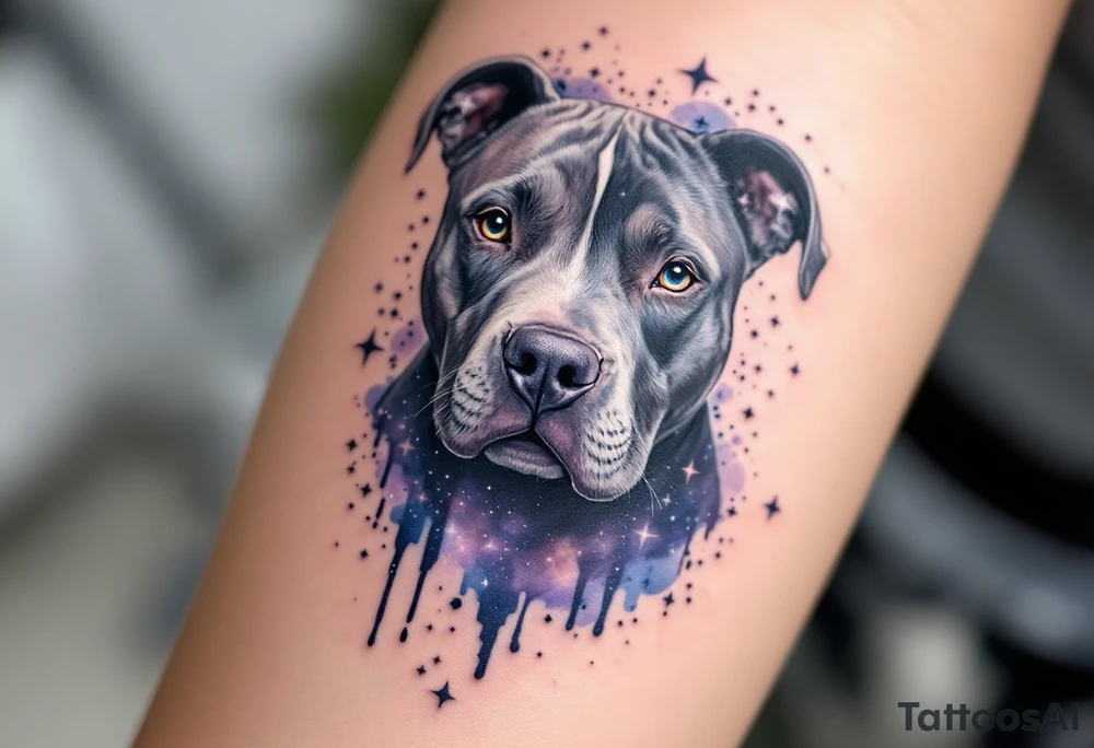 Galaxy-themed pitbull, blue-gray coat merging into a night sky filled with stars and nebula textures in purples, blues, and soft whites, symbolizing depth and loyalty beyond this world. tattoo idea