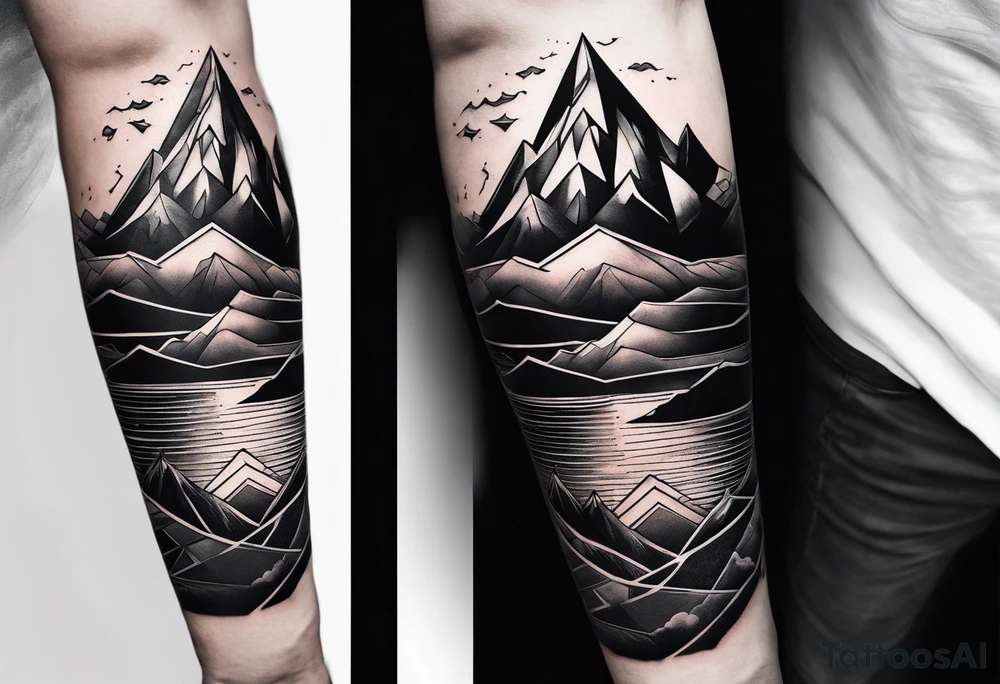 A geometric half sleeve with a mountain peak tattoo idea