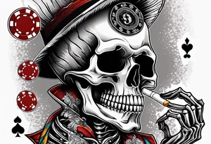 skeleton smoking cigar with poker chips, dealing the cards tattoo idea