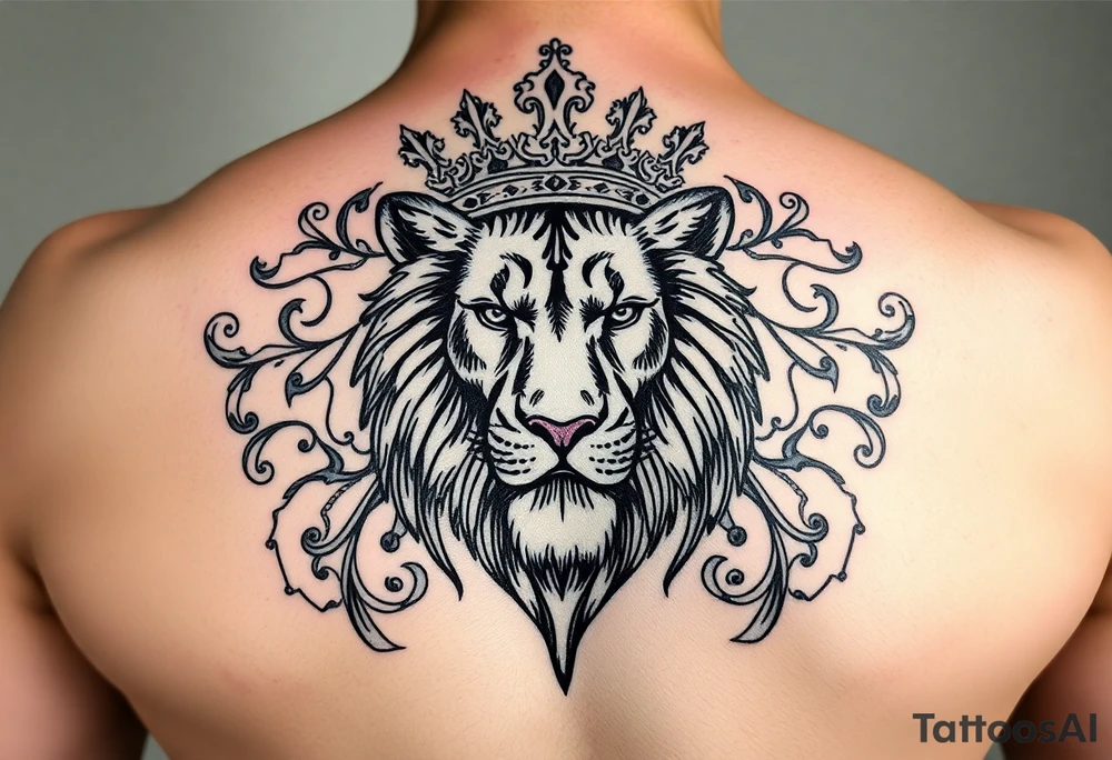 majestic lion wearing ornate crown, surrounded by baroque flourishes tattoo idea