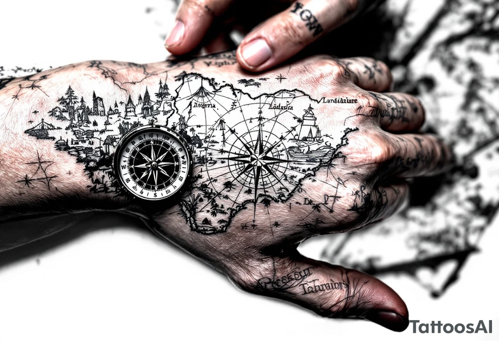 Compass on the hand in the shape of Nigeria with longitude written on the top and latitude written on the bottom. Draw lines from a treasure map connecting from the arm to the tattoo tattoo idea