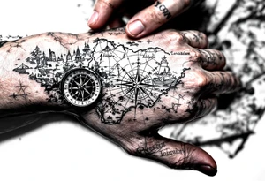 Compass on the hand in the shape of Nigeria with longitude written on the top and latitude written on the bottom. Draw lines from a treasure map connecting from the arm to the tattoo tattoo idea