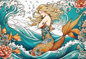 Blond mermaid and merman son frolicking in the ocean tattoo idea
