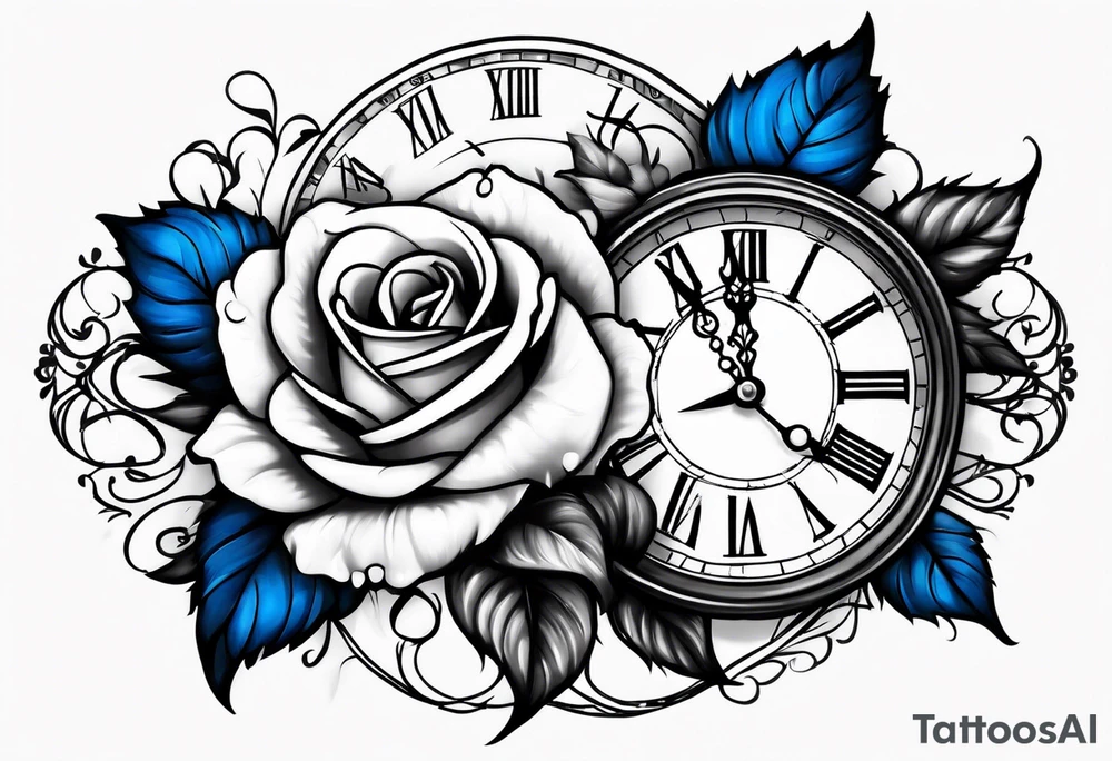 Pocket clock with blue roses tattoo idea