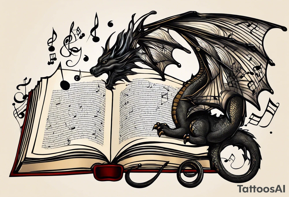 Design an intricate tattoo featuring a whimsical open book with pages that appear to flutter, as if caught in a gentle breeze. Above the book, a delicate small dragon silhouette, playfully spirals in the air. To the right, a pawn chess piece stands proudly. Just above, a singular, swirling music note dances, emanating a sense of melody and rhythm. On the left corner of the book, a majestic raven, cloaked in midnight hues, gazes contemplatively, feathers ruffled by an unseen wind. Below, a vibrant cluster of lavender flowers blooms, with a charming bumblebee hovering nearby, its wings a blur of golden energy. The entire composition intertwines elements of fantasy and nature, celebrating the magic of storytelling and creativity. tattoo idea