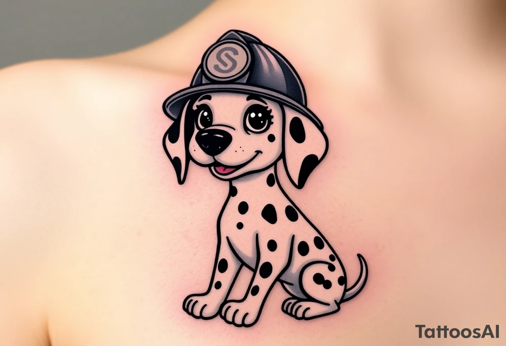 A Dalmatian wearing a firefighter’s helmet, sitting proudly with a playful yet heroic expression, in realistic black and white tones. tattoo idea