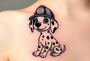 A Dalmatian wearing a firefighter’s helmet, sitting proudly with a playful yet heroic expression, in realistic black and white tones. tattoo idea