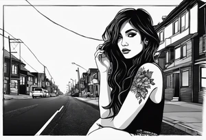 a girl listening to music along a dark road at night showing her shadow tattoo idea