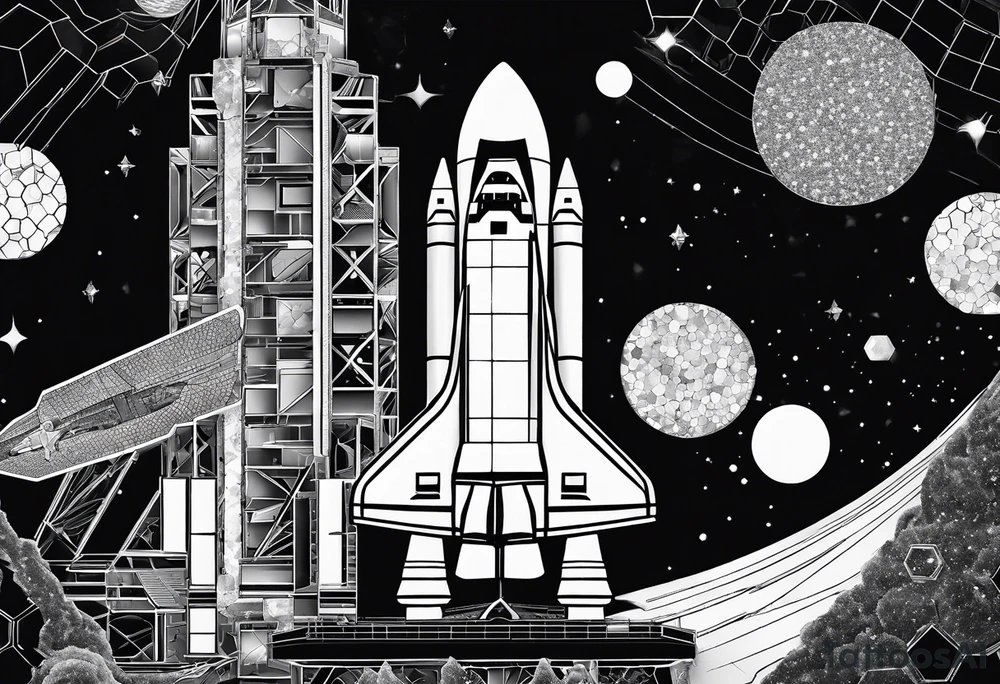 black and white space shuttle on black background made of hexagons tattoo idea