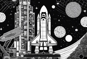 black and white space shuttle on black background made of hexagons tattoo idea