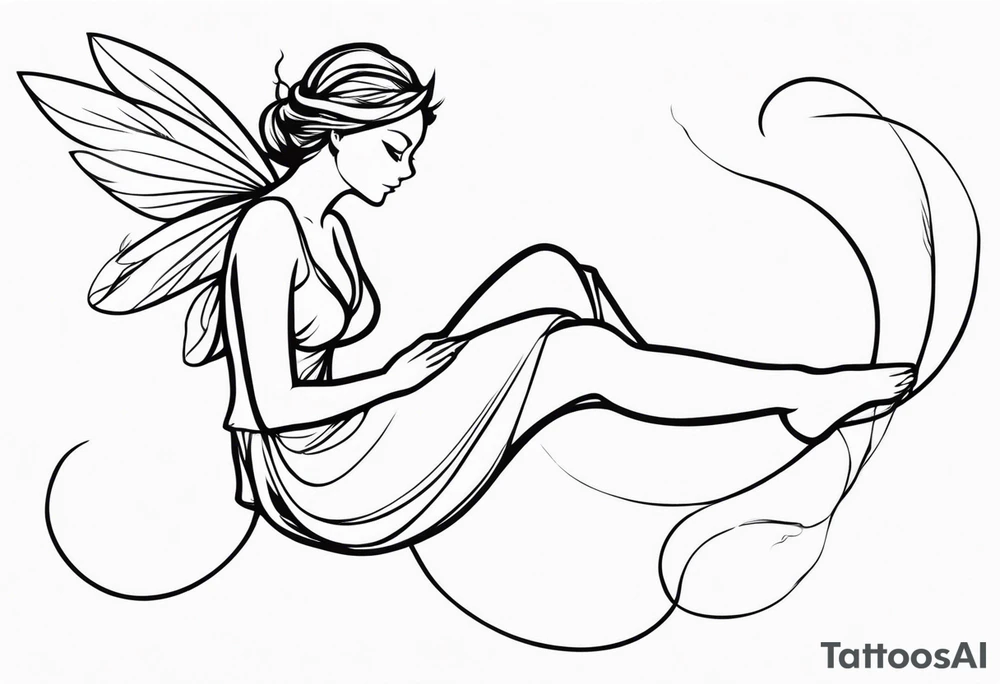 Minimalistic, monochromatic fairy with a tail flying to the left in a fetal position, leaning and looking in the same direction, with visible hands, embodying the 'Fairy Tail' logo aesthetic. tattoo idea