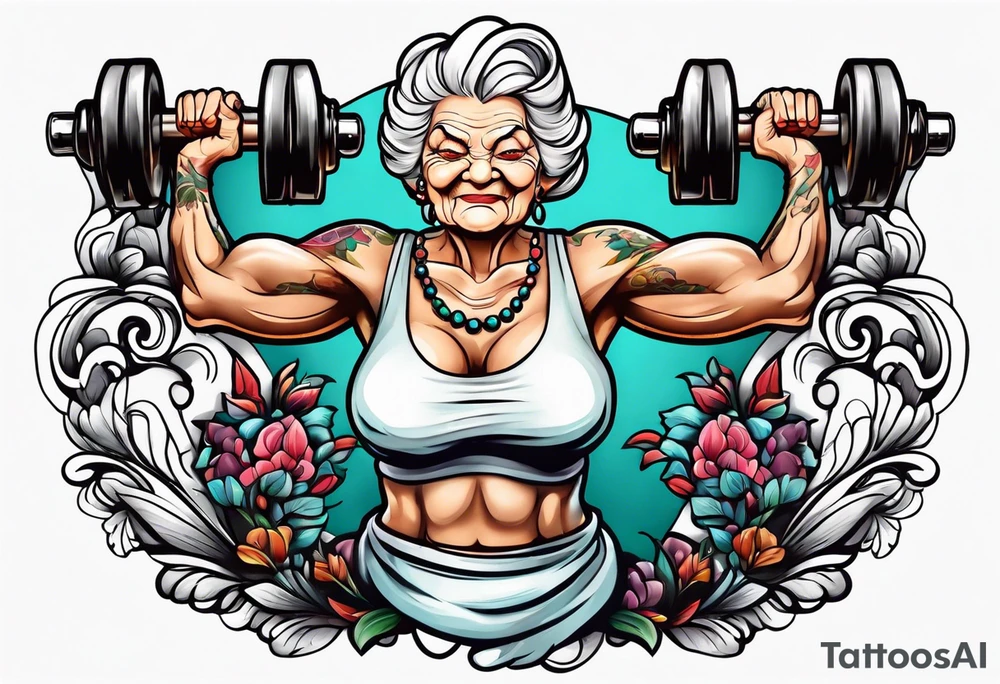 Strong old woman lifting dumbells tattoo idea