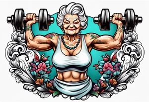 Strong old woman lifting dumbells tattoo idea