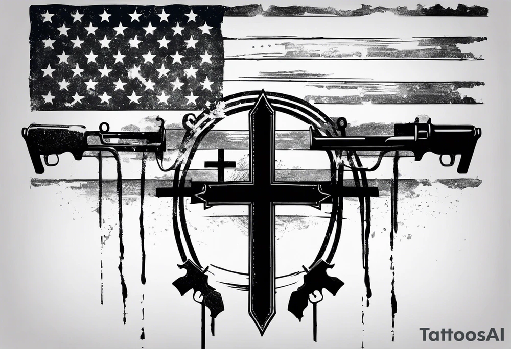 Distressed American flag behind a cross with 2 guns leaned on it simpler tattoo idea