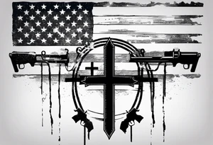 Distressed American flag behind a cross with 2 guns leaned on it simpler tattoo idea