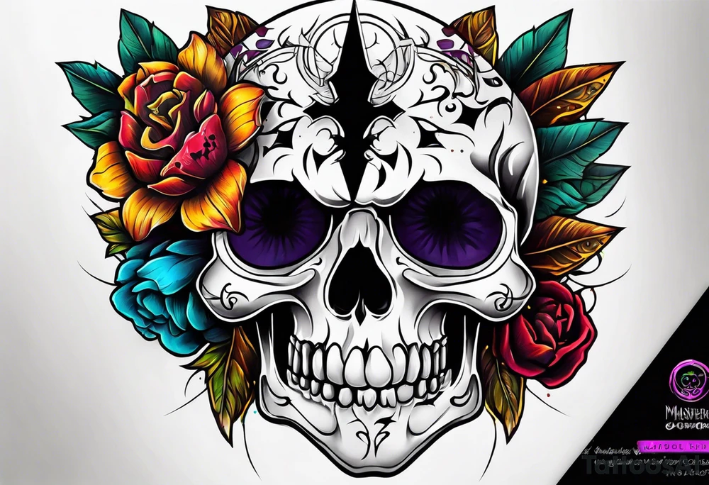Bright bold Neo traditional broken skull with third eye tattoo idea