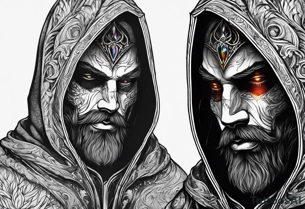 Hooded figure with no face carrying wooden staff with gem on top and wearing a long tattered cloak tattoo idea