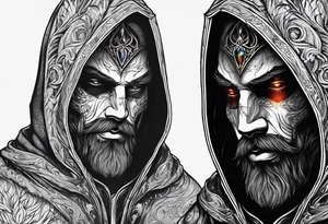Hooded figure with no face carrying wooden staff with gem on top and wearing a long tattered cloak tattoo idea