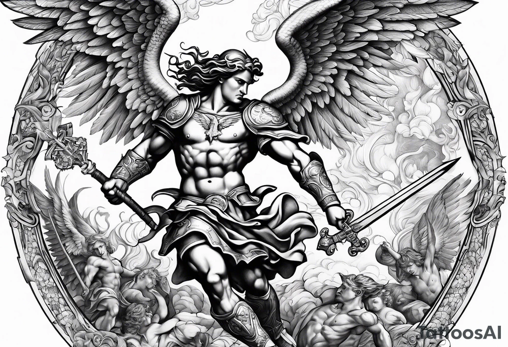St Michael fighting the devil. Angels and demons are fighting in the background tattoo idea