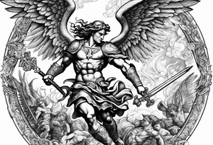 St Michael fighting the devil. Angels and demons are fighting in the background tattoo idea