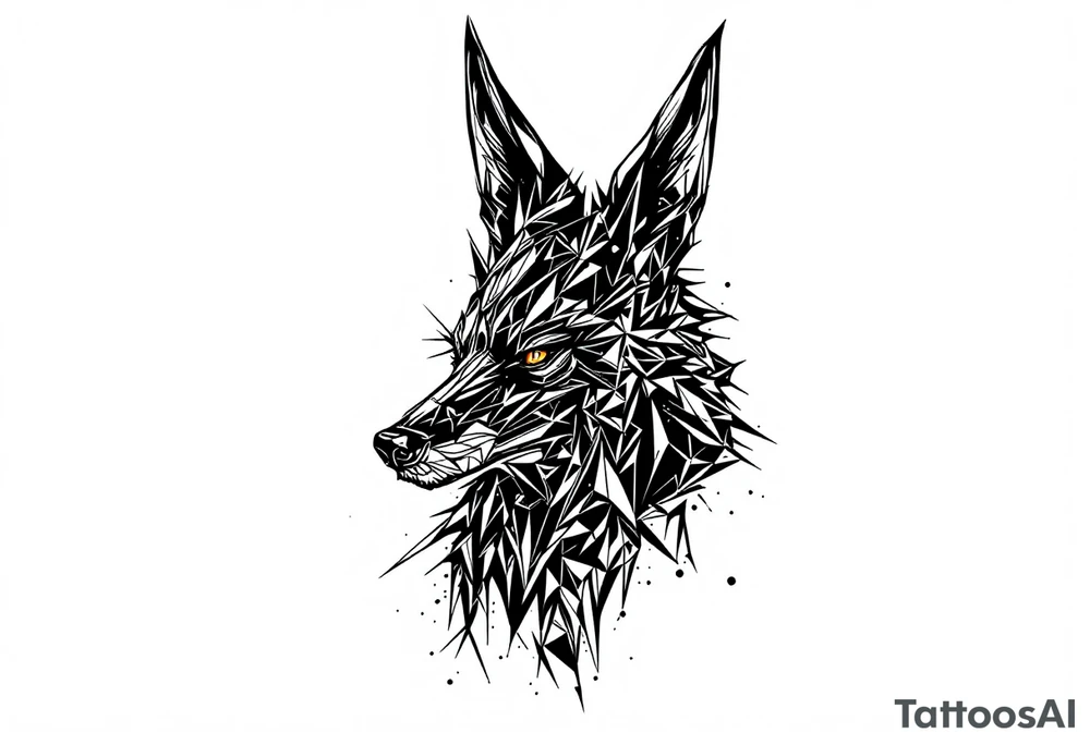 a creature that looks strongly like a combination of Anubis, and a black hound, with the tall pointy ears of a jackal, looking back, serious and daring tattoo idea