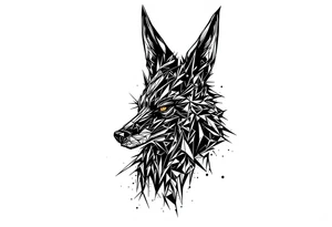 a creature that looks strongly like a combination of Anubis, and a black hound, with the tall pointy ears of a jackal, looking back, serious and daring tattoo idea