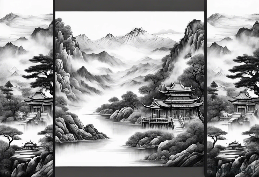 forearm sleeve traditional chinese art painting style autumn mountains mist fog water Chinese temple 2 male monks wearing robes seated drinking tea tattoo idea