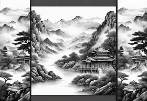forearm sleeve traditional chinese art painting style autumn mountains mist fog water Chinese temple 2 male monks wearing robes seated drinking tea tattoo idea