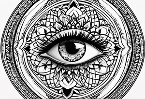 Mandala design with realistic woman’s eye in the center tattoo idea