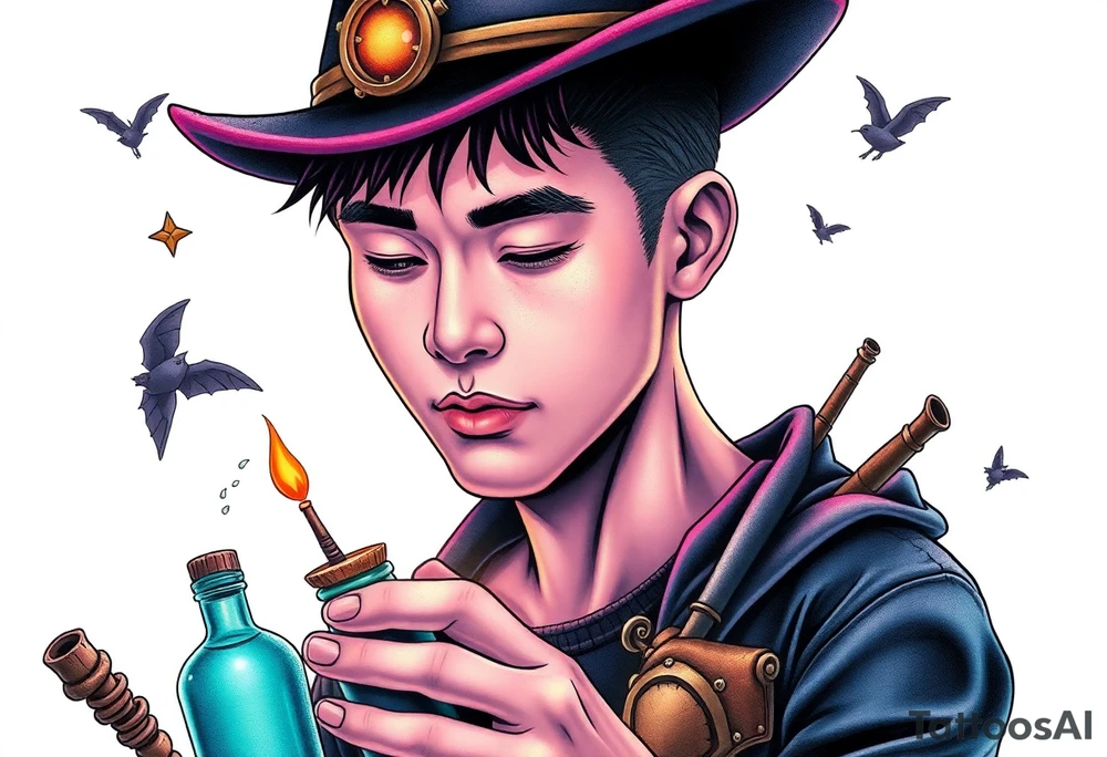 Handsome Asian young adult guy is  accidentally stumbled upon witch tools, supplies, artifacts, potions and exploring it curiously tattoo idea