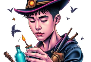 Handsome Asian young adult guy is  accidentally stumbled upon witch tools, supplies, artifacts, potions and exploring it curiously tattoo idea