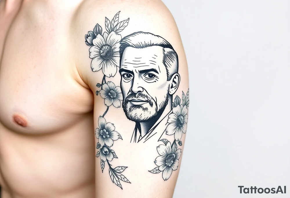 Floral Elements: Incorporate state flowers—bluebonnet (Texas), mountain laurel (Connecticut), and coast rhododendron (Washington)—around the portrait.
Arm sleeve shoulder to elbow tattoo idea