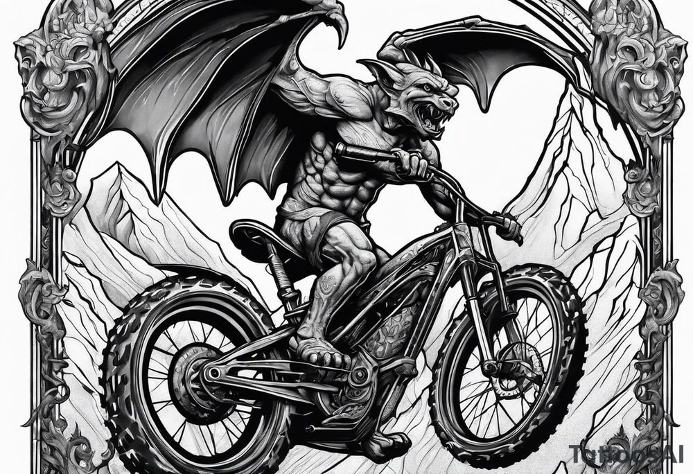 Gothic gargoyle riding a full suspension mountain bike tattoo idea