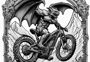 Gothic gargoyle riding a full suspension mountain bike tattoo idea