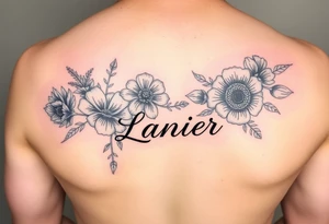 Birth flowers for the month of January February March May, June, July, August, November, and the name Lanier in cursive between the flowers tattoo idea