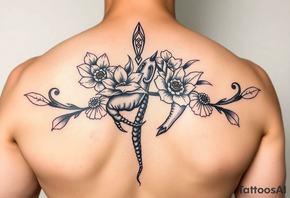 Tiki, Blumen, Wellen, Equid, Schildkröte, #299 (Klein), schwarz, old school, Oberarm tattoo idea