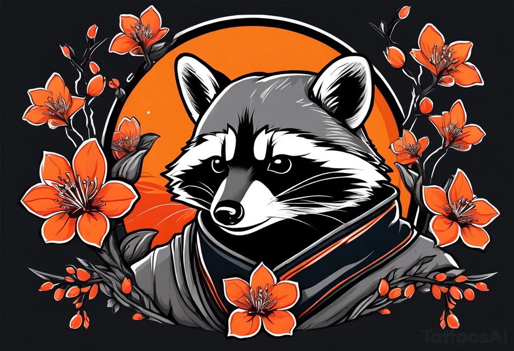 Raccoon wearing a white Superman logo on a black hoodie and orange Japanese cherry blossoms tattoo idea