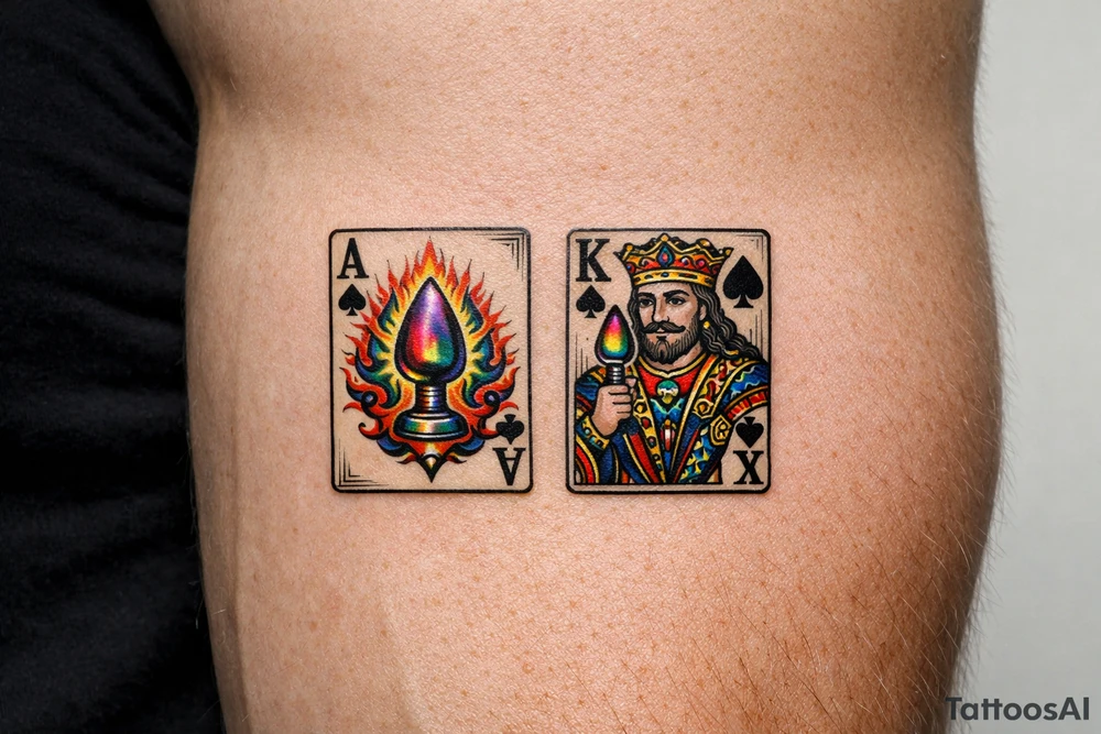 Two regal playing cards, Ace and King of Spades, butt plug replacing spades, vintage tattoo flash. tattoo idea