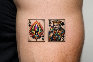 Two regal playing cards, Ace and King of Spades, butt plug replacing spades, vintage tattoo flash. tattoo idea