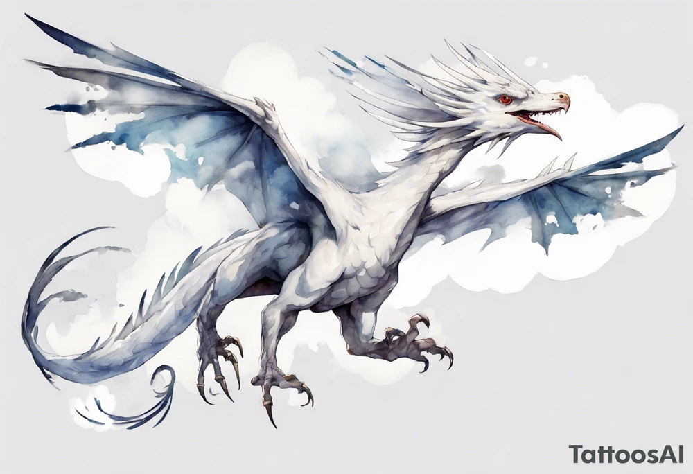 a white bird-wyvern hybrid, wearing a pewter crown on its head, flying in the air tattoo idea