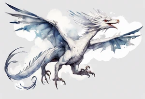 a white bird-wyvern hybrid, wearing a pewter crown on its head, flying in the air tattoo idea
