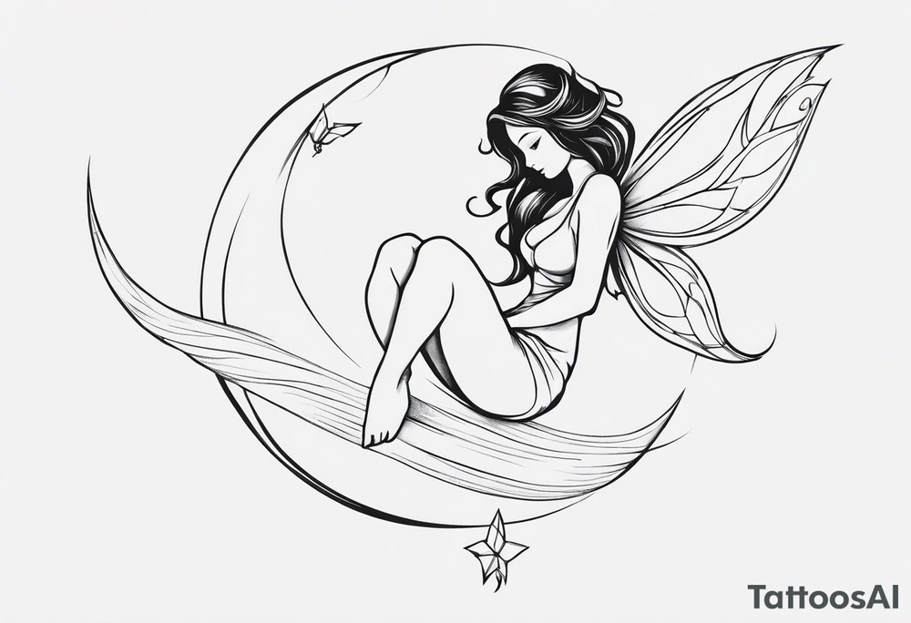 Minimalistic, monochromatic fairy with a tail flying to the left in a fetal position, leaning and looking in the same direction, with visible hands, embodying the 'Fairy Tail' logo aesthetic. tattoo idea