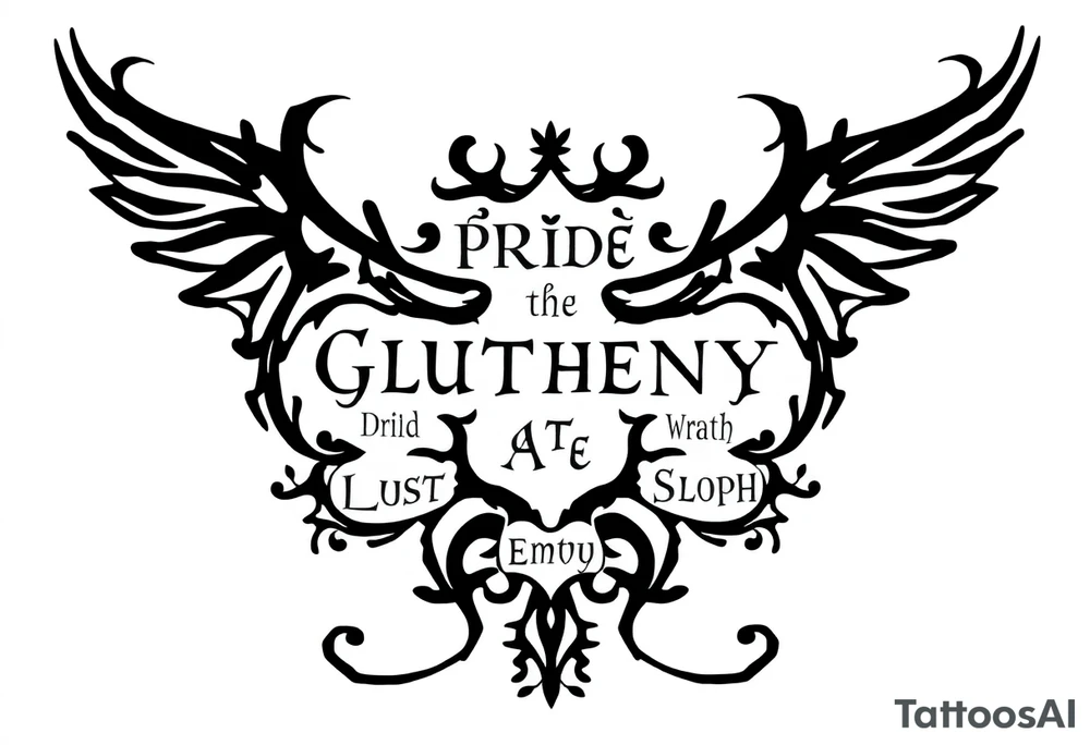 powerful sexy seven deadly sins stencil  with words greed, pride, gluttony, wrath, lust, sloth and envy, with a darkness kind of feeling tattoo idea